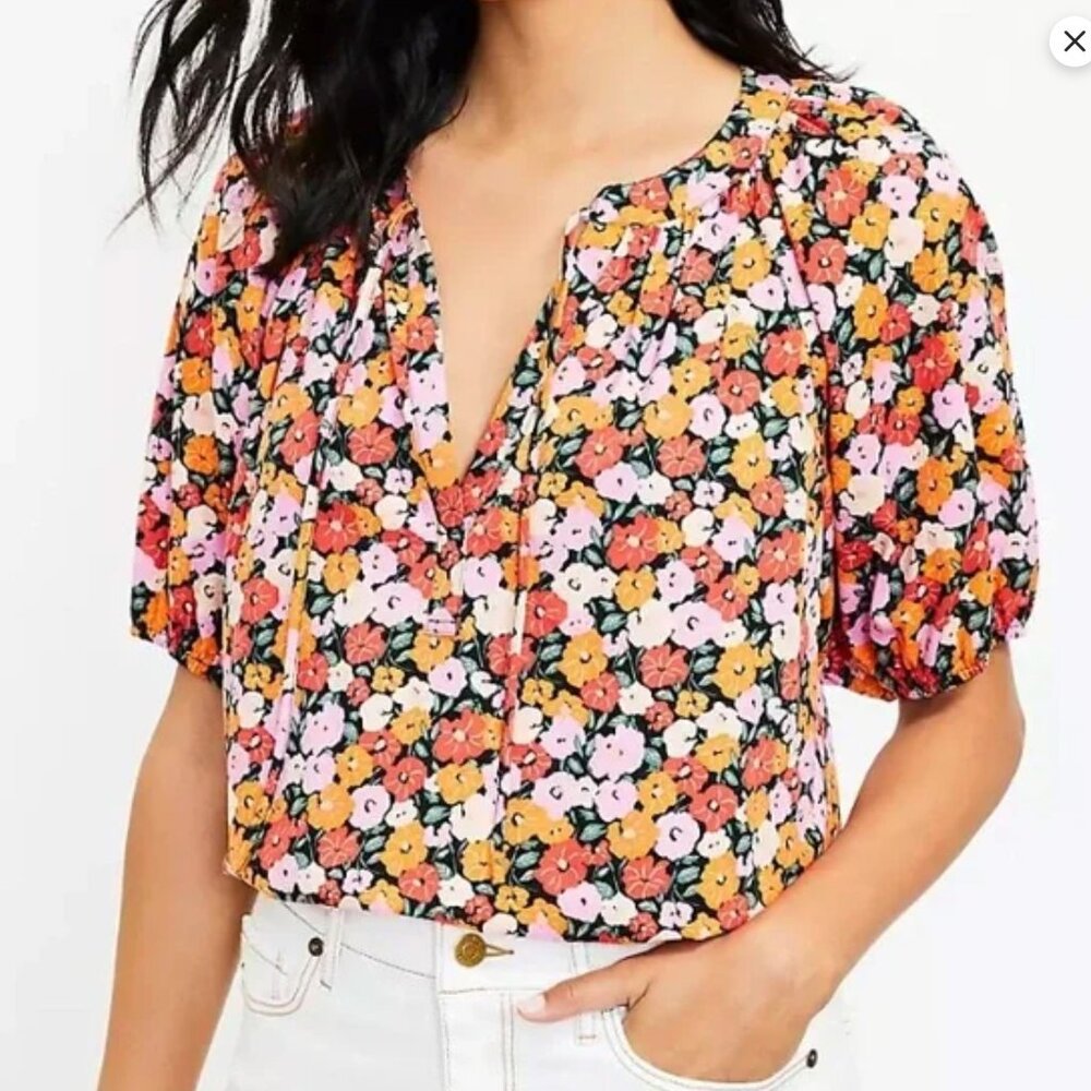 Loft Floral Tie Neck Puff Sleeve Top Multicolor Size Small